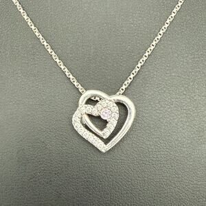 EC 925 Sterling Silver Pink & Clear CZ Double Heart Pendant Necklace 16” Vintage